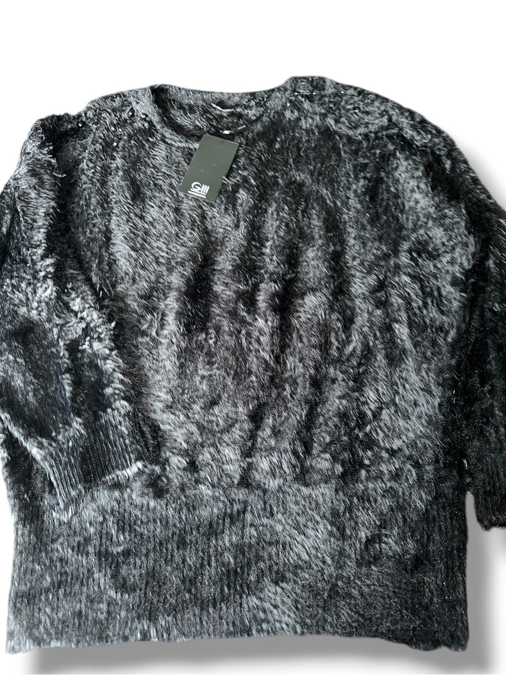 BLACK RIVET SZ XL Black Fuzzy Crewneck Pullover Faux Black Pearl Embellishment
